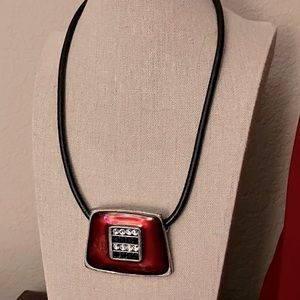 N310 Chico's Necklace Black/Red Enamel Geometric Pendant on Black Leather